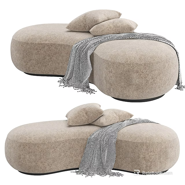Beige Round Fabric Sofa Stools With Soft Pillows And Striped Blanket 3d model