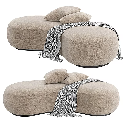 Beige Round Fabric Sofa Stools With Soft Pillows And Striped Blanket 3d model