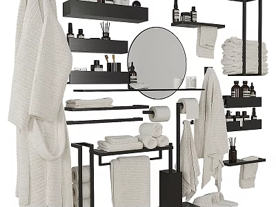 Modern Bathroom Accessories With Towels Mirror Shelves And Toiletries Set 3d model