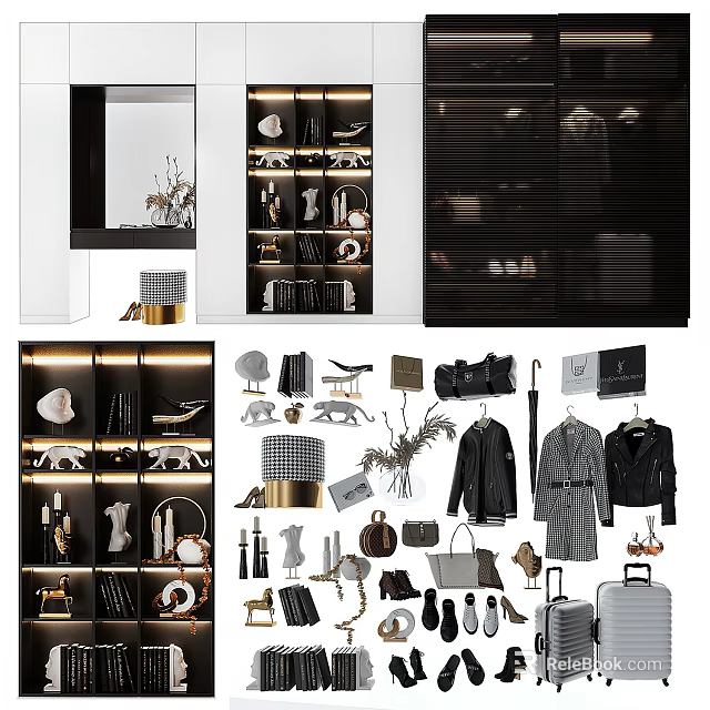 Elegant Modern Wardrobe Interior Design With Shelves Clothes Shoes Bags And Lighting 3d model 