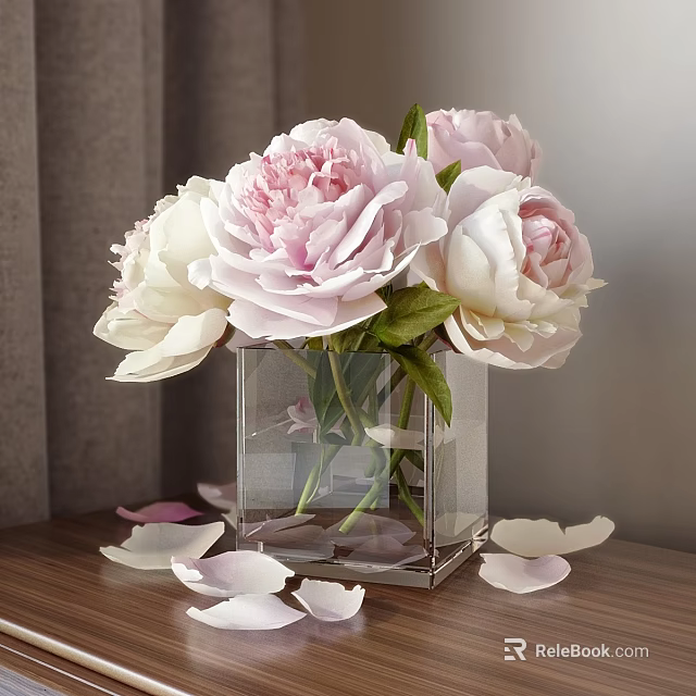 Pink and White Peonies in Transparent Square Glass Vase on Wooden Tabletop with Scattered Petals 3d model 