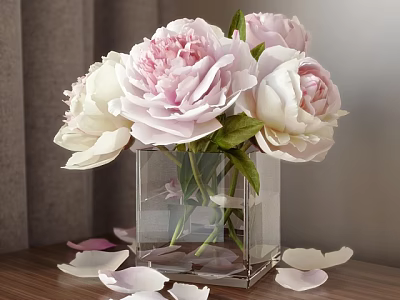 Pink and White Peonies in Transparent Square Glass Vase on Wooden Tabletop with Scattered Petals 3d model
