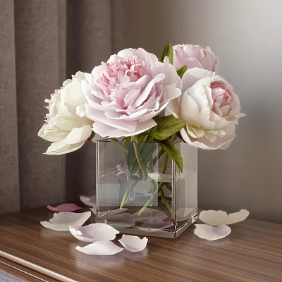 Pink and White Peonies in Transparent Square Glass Vase on Wooden Tabletop with Scattered Petals 3d model