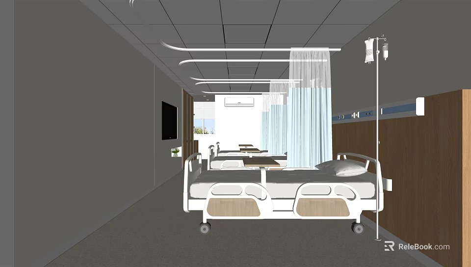 Modern Hospital Ward Interior With Bed IV Stand White Curtains And TV 3d model 