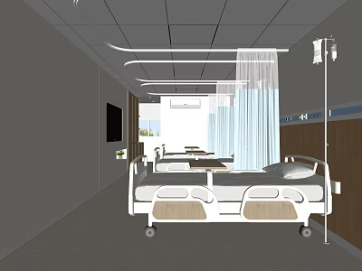 Modern Hospital Ward Interior With Bed IV Stand White Curtains And TV 3d model