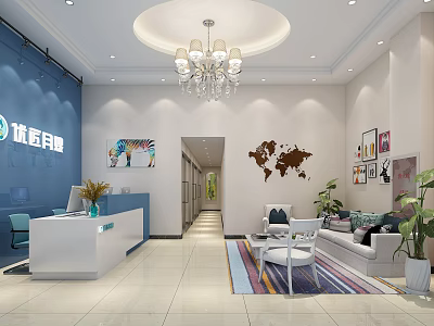 Store Front Desk Interior Decor With Blue Wall White Counter Chandelier Sofa And Plants 3d model