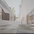 Modern Commercial Street with Glass Shop Fronts Paved Walkway Steps and Trees