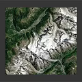 Realistic Mountainous Terrain Model Featuring Snow Covered Peaks And Lush Green Vegetation
