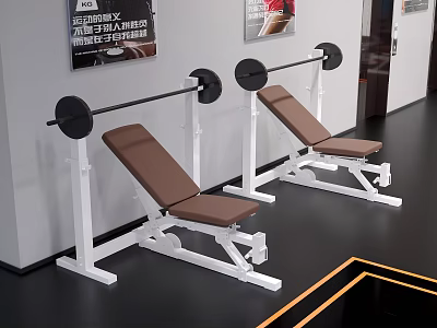 Two Adjustable Brown Weight Bench Press With Barbell And White Frame For Gym Sports Equipment 3d model