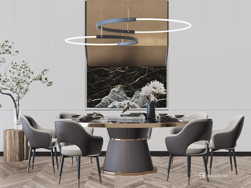 Modern Dining Table Set with Round Table Gray Chairs Marble Backdrop and Circular Pendant Lights 3d model