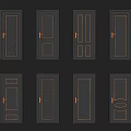 Gray Hinged Interior Doors With Various Panel Designs And Gold Accents 3d model