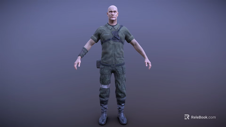 Man In Green Short Sleeve Shirt With Camouflage Pants And Tactical Vest Wrist Guards Boots 3d model 