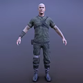Man In Green Short Sleeve Shirt With Camouflage Pants And Tactical Vest Wrist Guards Boots