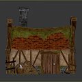 Charming Fairy Cottage With Red Tile Roof Green Moss Chimney Wooden Fence Woodpile And Basket