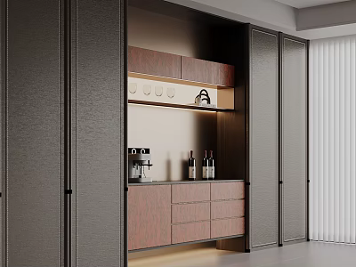 Modern Wine Cabinet Interior With Wooden Panels Dark Cabinets Coffee Machine And Wine Bottles 3d model