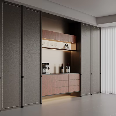 Modern Wine Cabinet Interior With Wooden Panels Dark Cabinets Coffee Machine And Wine Bottles 3d model