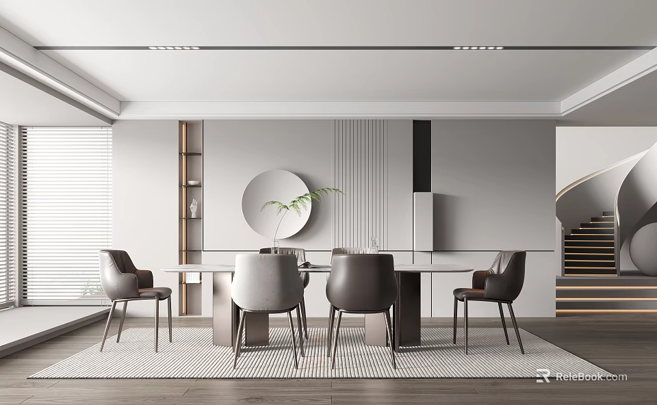 Modern Restaurant Interior With Simple Design Dining Table Chairs And Decorative Plants 3d model