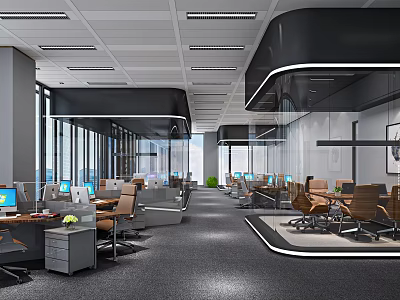 Public Office Space With Modern Design Open Layout Desks Computers Comfortable Chairs And Large Windows 3d model