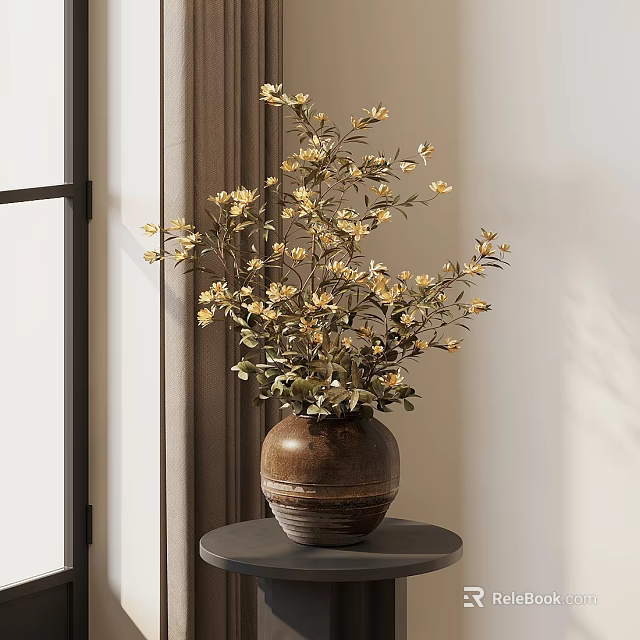 Brown Ceramic Vase With Yellow Flowers And Green Leaves On Small Round Table 3d model 