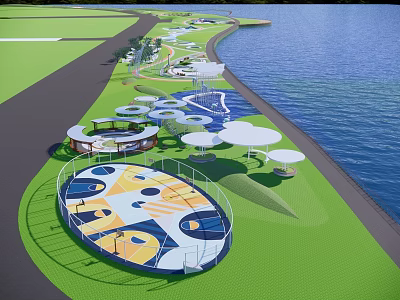Park Landscape with Waterfront Green Lawns Pathways and Colorful Circular Areas with Shade Structures 3d model