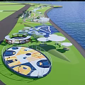 Park Landscape with Waterfront Green Lawns Pathways and Colorful Circular Areas with Shade Structures