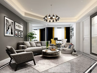 Modern Living Room Interior Design With Gray Sofa Armchairs And Round Coffee Table 3d model