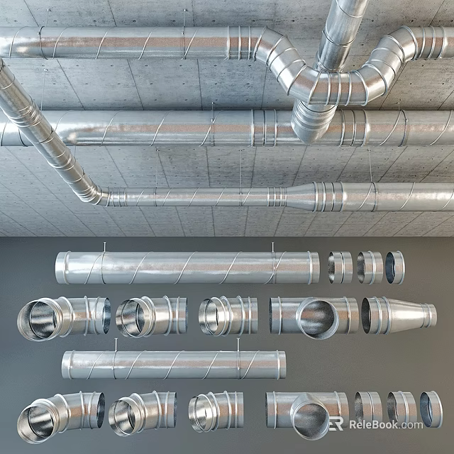 Industrial Metal Pipes With Various Fittings Elbows And Ceiling Installation Design 3d model 