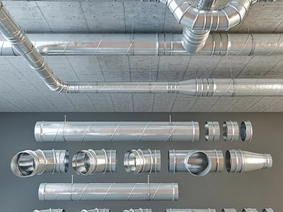 Industrial Metal Pipes With Various Fittings Elbows And Ceiling Installation Design 3d model