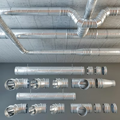 Industrial Metal Pipes With Various Fittings Elbows And Ceiling Installation Design 3d model