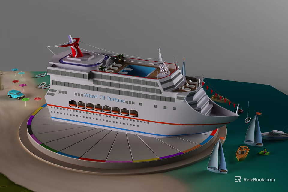 Detailed Wheel of Fortune Cruise Ship Model on Colorful Display Stand With Small Boats 3d model 
