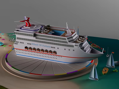 Detailed Wheel of Fortune Cruise Ship Model on Colorful Display Stand With Small Boats 3d model