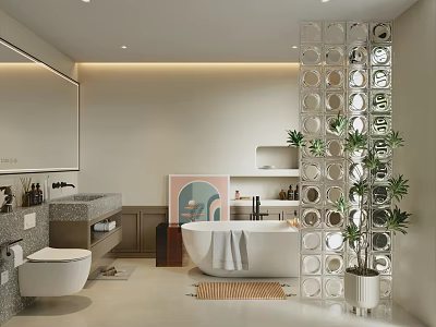 Modern Bathroom Interior With Tub Vanity Glass Blocks And Plants 3d model