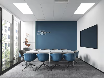 Modern Conference Room With Long Table Blue Chairs Large Screen And Floor to Ceiling Windows 3d model