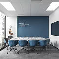 Modern Conference Room With Long Table Blue Chairs Large Screen And Floor to Ceiling Windows