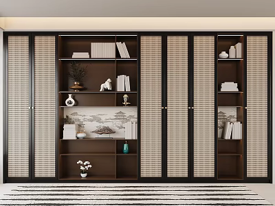 Modern Bookcase With Open Shelves Sliding Louver Doors Filled With Books Decorative Vases And Sculptures 3d model