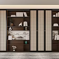 Modern Bookcase With Open Shelves Sliding Louver Doors Filled With Books Decorative Vases And Sculptures