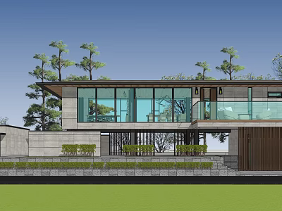 Modern Single Family House Exterior Design With Large Glass Windows And Lush Greenery 3d model