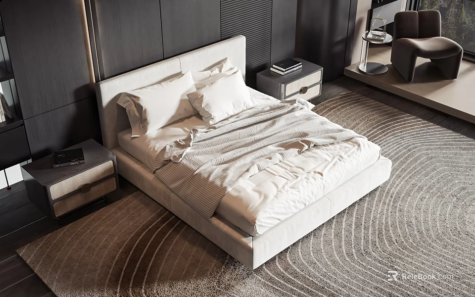 Modern Double Bed In Bedroom Interior With White Upholstered Frame And Nightstands 3d model 
