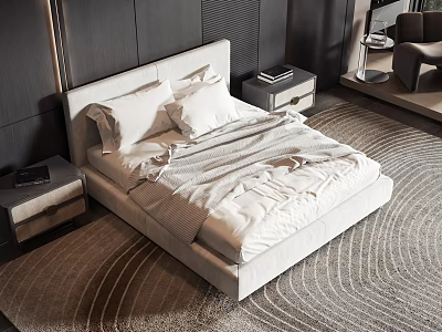 Modern Double Bed In Bedroom Interior With White Upholstered Frame And Nightstands 3d model