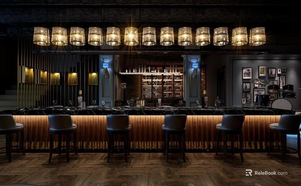 Elegant Bar Interior Featuring Wooden Counter Leather Stools And Hanging Lighting Fixtures 3d model 