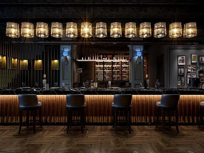 Elegant Bar Interior Featuring Wooden Counter Leather Stools And Hanging Lighting Fixtures 3d model