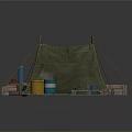 Camping Tent Setup With Green Canopy Buckets Crates Planks And Bottles