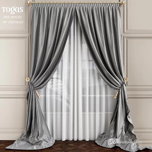 Elegant Gray Curtains With White Sheer Panels And Gold Tiebacks On Decorative Wall Panels 3d model 