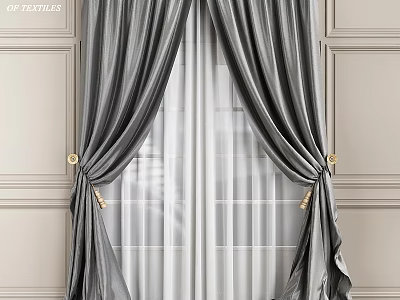 Elegant Gray Curtains With White Sheer Panels And Gold Tiebacks On Decorative Wall Panels 3d model