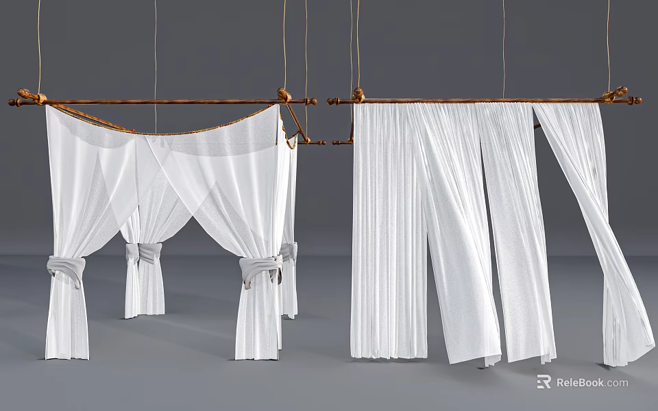 Elegant White Ceiling Drapery Design With Sheer Fabric Wooden Rods And Tied Accents 3d model 