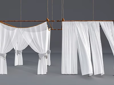 Elegant White Ceiling Drapery Design With Sheer Fabric Wooden Rods And Tied Accents 3d model