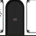 Black Double Doors With Circular Knocker Arched Frame Black Decorative Trim And Green Palm Plant