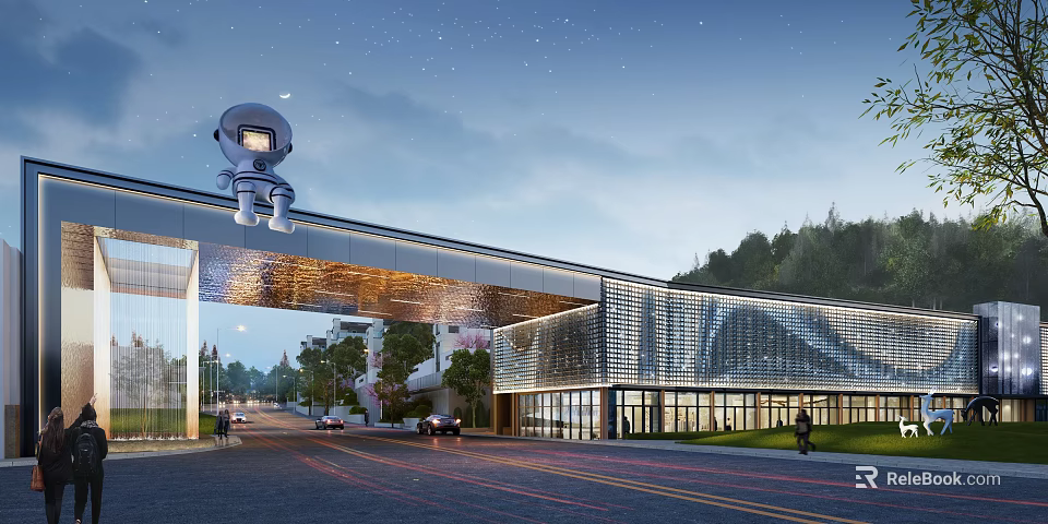 Modern Entrance Gate With Astronaut Sculpture At Night 3d model 