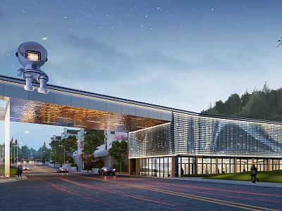 Modern Entrance Gate With Astronaut Sculpture At Night 3d model