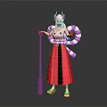 Game Movie Character With Red Long Skirt Horns Purple White Stripes And Blue Hair